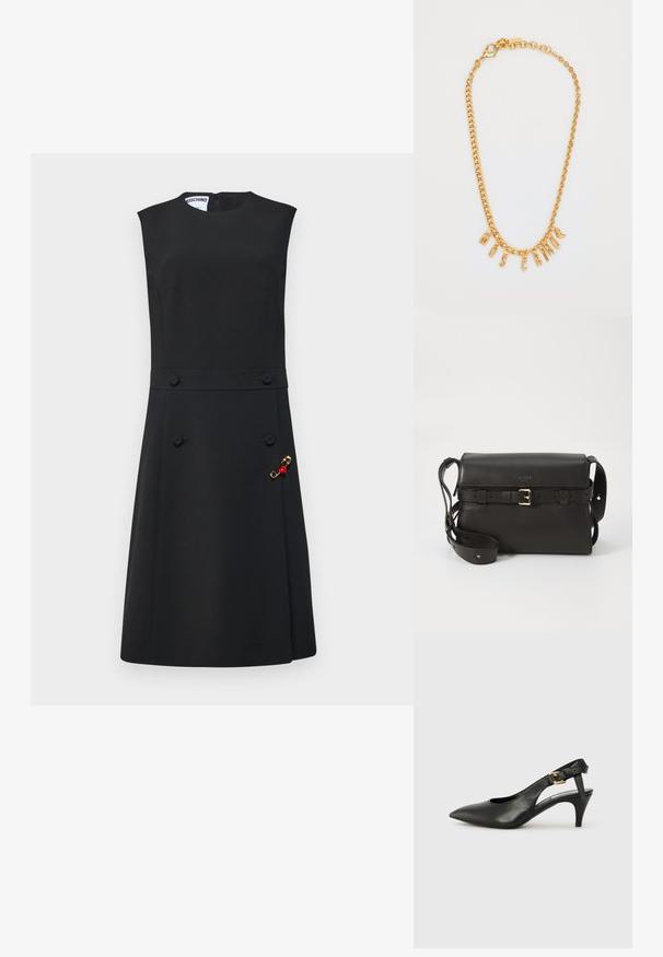 Musta hihaton mekko, jossa on muotoiltu yläosa, liehukasa, etupainikkeet ja kultainen rintaneula punaisilla yksityiskohdilla sivussa.; Musta nahka slingback-korkokenkä, jossa on teräväkärkinen muoto, pieni korko ja solk yksityiskohta nilkkahihnassa. Tasainen pinta, minimalistinen muotoilu.; Mustan nahkainen käsilaukku, jossa on jämäkkä muoto. Varustettu kultaisella solkiyksityiskohdalla, säädettävällä hihnalla ja sileällä pinnalla. Minimalistinen muotoilu.; Kulta ketju kaulaketju, jossa on riipus, jonka kirjaimet muodostavat sanan "MOSCATO". Suora pinta ja lukko, jossa on rapu-tyyppinen kiinnitys sekä vaihteleva kokoisia lenkkejä.