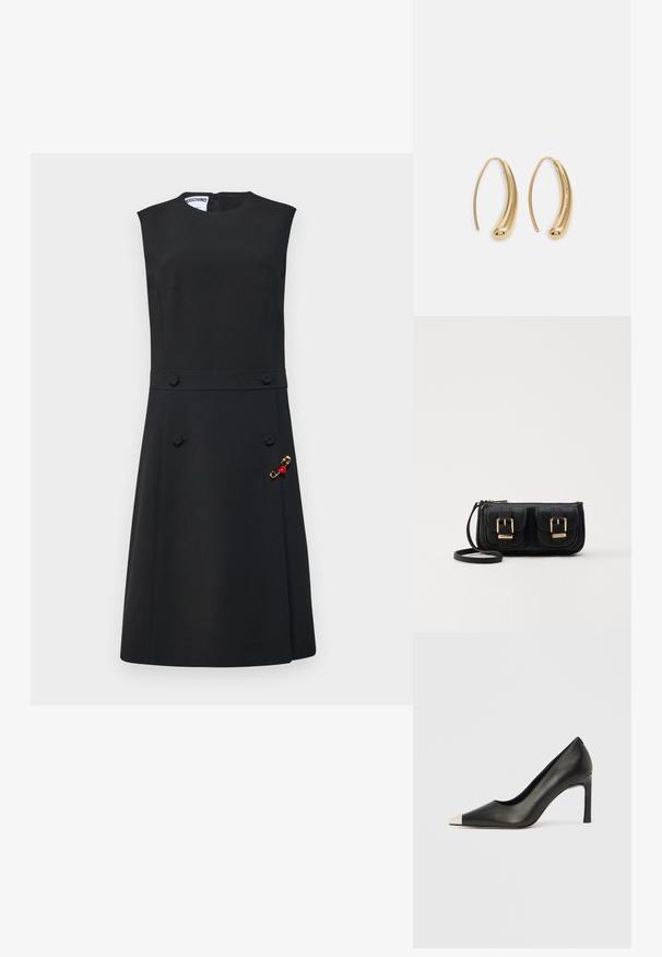 Black sleeveless dress with a fitted bodice, flared skirt, front buttons, and a gold brooch with red accents on the side.; Black leather high heel shoe with a pointed toe and a metallic silver cap. Features a smooth finish and a slender 10 cm heel.; Black leather crossbody bag with two front pockets, gold buckles, zipper closure, and a slim strap. Textured surface and compact rectangular shape.; Gold-tone metal hoop earrings with a curved, elongated shape. Features a smooth, shiny surface and a rounded tip for added detail.