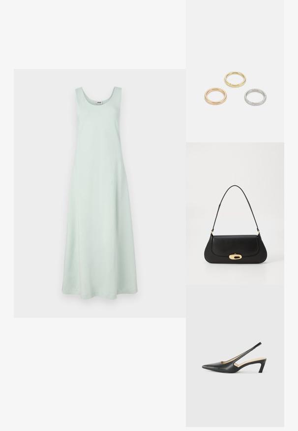 Světlá mátově zelená maxi šaty s kulatým výstřihem, bez rukávů a volným siluetou. Vyrobeno z měkké, hladké tkaniny.; Černý špičatý slingback s nízkým podpatkem, vyrobený z hladké kůže, s výřezem na boku pro lepší prodyšnost.; Černá kožená kabelka s zakřiveným designem, zlatými akcenty a horním uchem. Vybavena elegantním zavíráním a hladkým povrchem.; Tři kovové prsteny: jeden růžově zlatý, jeden zlatý s texturovanými detaily a jeden stříbrný, všechny s vyrytým brandingem na vnitřním boku.