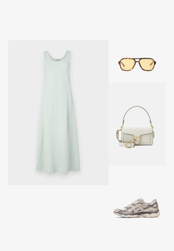Rochie maxi verde menta deschis cu decolteu rotund, fără mâneci, și o siluetă fluidă. Fabricată dintr-un material moale și neted.; Pantof din material textil gri deschis, cu meshe și peste din piele întărită. Dispune de o talpă căptușită, suprapunerile pronunțate și un design structurat.; Ochelari de soare cu model tartan, lentile galbene și accente metalice pe sprijin. Cadru larg și textură mată.; Geantă de mână din piele albă cu elemente metalice aurii, prevăzută cu închidere cu clapetă și curea detașabilă, reglabilă. Accente metalice rotunjite în centru.