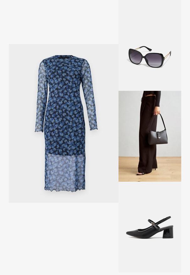 Długa sukienka z długim rękawem w ciemnym granacie z przezroczystego materiału, z kwiatowym wzorem w jasnoniebieskim kolorze, okrągłym dekoltem i falbaniastymi brzegami.; Czarne lakierowane czółenka na słupku ze spiczastym noskiem, lekko zaokrąglonym wycięciem i obcasem w kształcie bloku. Posiadają złotą klamrę jako akcent dekoracyjny.; Czarne oversize okulary przeciwsłoneczne z gradientowymi soczewkami, grubymi oprawkami i złotym łańcuszkiem na ramionach.; Czarna torebka o usztywnionym kształcie, gładkiej fakturze i metalowym zapięciem. Połączona z szerokimi czarnymi spodniami i sandałami na otwartym palcu na drewnianej podłodze.