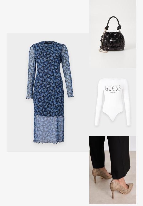 Dlouhá šaty s dlouhým rukávem v tmavě námořnické barvě s průsvitnou tkaninou, s květinovým vzorem v světle modré barvě, kulatým výstřihem a vroubkovanými okraji.; Bílý bodysuit s dlouhým rukávem a kulatým výstřihem. Na přední straně má tištěné logo "GUESS" a "EST.1981" v černé barvě. Hladká textura.; Béžové lodičky na vysokém podpatku s texturovanou látkou, která má opakující se vzor. Díky špičaté špičce, zadnímu akcentu a zlatému detailu na podpatku.; Černá mini kabelka s flitry, s uzlovým texturovaným popruhem a stříbrným řetízkem. Zaoblený tvar s nařaseným vrchem a reflexními detaily.