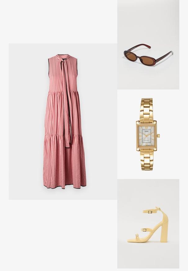 Sister Jane SWEETHEARTS jasnoróżowy; Żółte sandały na blokowym obcasie z trzema regulowanymi paskami, kwadratowym przodem, gładkim syntetycznym materiałem i srebrnymi klamrami.; Okrągłe, brązowe okulary przeciwsłoneczne z błyszczącą bordową oprawą. Cienkie ramiona z subtelnym detalem marki. Płaski kształt soczewek.; Złoty prostokątny zegarek na nadgarstek z białą tarczą, srebrnymi znacznikami godzin i wytrzymałym metalowym bransoletą. Wbudowana funkcja wodoodporna.