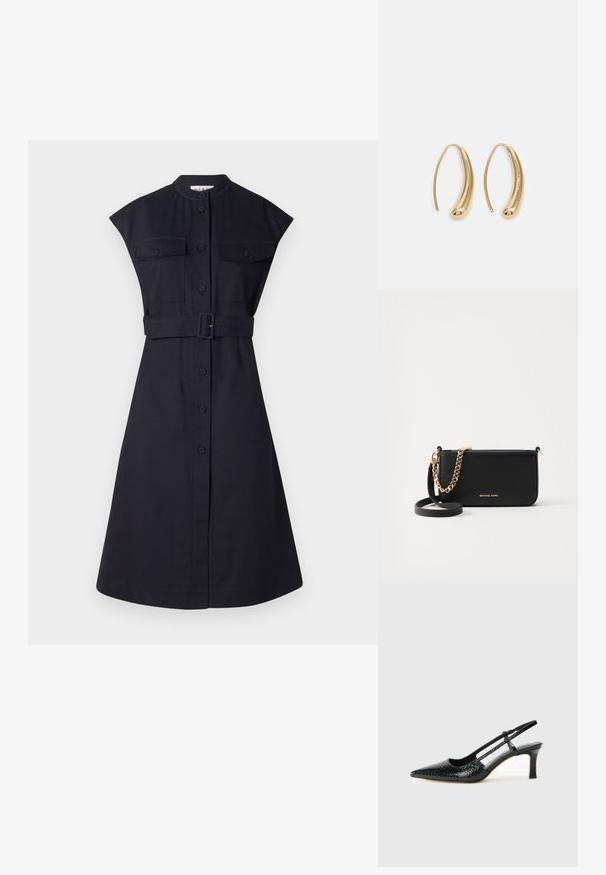 Tmavě námořnické šaty košilového střihu s krátkými rukávy, páskem v pase, dvěma náprsními kapsami a předním zapínáním na knoflíky. Hladká látka s přizpůsobeným střihem.; Černé lakované slingback podpatky s špičatou špičkou, zdobené texturovaným hadím vzorem, nastavovacím páskem a krátkým texturovaným blokovým podpatkem.; Černá kožená kabelka na ruku se zlatým řetízkovým zdobením, hladkým povrchem a zlatým logem. Obsahuje nastavitelné ramenní popruhy pro všestranné použití.; Náušnice ve tvaru kruhu z pozlaceného kovu s vroubkovaným, prodlouženým tvarem. Mají hladký, lesklý povrch a zaoblený konec pro zvýraznění detailu.