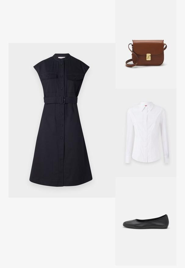 Tamno mornarica haljina s kratkim rukavima, uvučenog struka, s dva džepa na prsima i prednjim kopčanjem na dugmad. Glatka tkanina s krojem koji se dobro prilagođava.; Bijela košulja dugih rukava s izbočenim ovratnikom, prednjim kopčanjem na gumb i prilagođenim krojem. Glatka pamučna tkanina s suptilnim detaljima šivanja.; Crne kožne baletanke s zaobljenim vrhom, glatke teksture, minimalnim detaljima šavova i fleksibilnim dizajnom potplata.; Smeđa kožna torba s preklopom, zlatnim detaljima, remenom za nošenje preko ramena i glatkom teksturom. Kompaktni pravokutni oblik.
