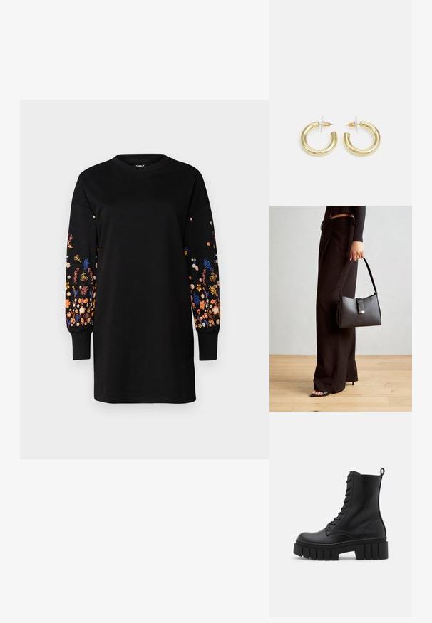 ONLY Petite ONLBROOK DRESS  - Freizeitkleid - black; Schwarze Lederknöchelstiefel mit klobiger, gerippter Sohle, Schnürung vorne und Zuglasche auf glattem weißen Hintergrund.; Schwarze Handtasche mit strukturierter Form, glatter Textur und einem metallischen Verschluss. Kombiniert mit weiten schwarzen Hosen und offenen Sandalen auf einem Holzboden.; Goldene Creolen mit einer glatten, glänzenden Oberfläche. Zirkuläres Design mit einem kleinen Stecker und einer klaren Rückseite für einen sicheren Sitz.