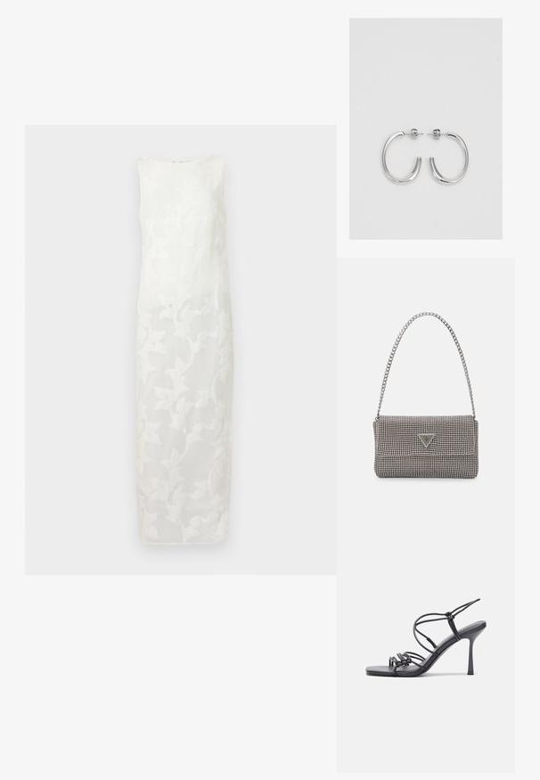 Vit ärmlös klänning med broderad blommönster, rak silhuett och en subtil lyster, tillverkad av lättviktsmaterial.; Svarta högklackade sandaler har tunna remmar med en knuten design, en slät fyrkantig tå och en smal stilettklack.; Ljusgrå metallisk handväska med kedjestropp, prydd med små cirkulära metallnitar och en triangulär logotyp.; Silver hoopsörhängen med en slät, glänsande yta, med en böjd form och post-stängning. Minimalistisk design med en modern finish.
