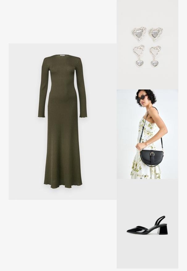 Olivgrön ribbad långärmad klänning med rak silhuett, som har en rund halsringning och något utställd fåll.; Svarta lackläder slingback klackar med spetsig tå och geometrisk klack. Har en elegant, minimalistisk design och slät yta.; Svart läderhandväska med en böjd form, avtagbar rem och guldiga detaljer. Väskan har ett lock med en spänndetalj.; Silvriga örhängen i hjärtform har slipade klara stenar och en texturerad ram. Setet inkluderar både stift- och hängande stilar.