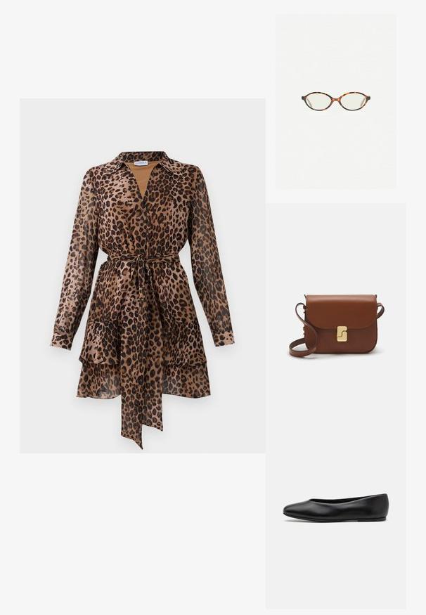 Šaty s leopardím potiskem, dlouhým rukávem, límečkem, knoflíkovou légu, páskem v oblasti pasu a vrstveným volánkovým lemem v hnědých a černých tónech.; Paul Smith TOPANGA - Klasické baleríny - black; Želvovinové brýle s oválnými čočkami a hladkým, jemným povrchem. Má tenké bočnice s jemným zakřivením v chrámcích. Čiré čočky.; Hnědá kožená kabelka s klopou, zlatými kovovými detaily, ramenním popruhem a hladkým povrchem. Kompaktní obdélníkový tvar.