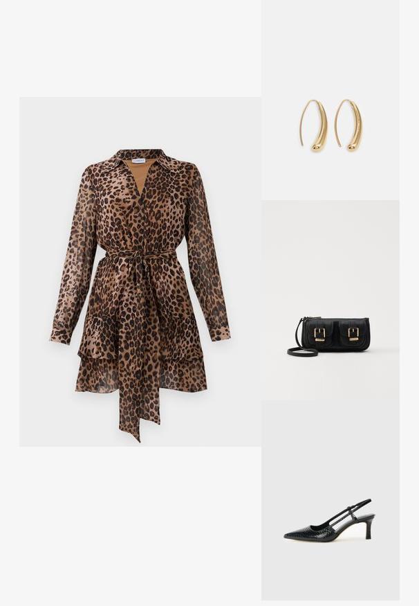 Abito lungo a maniche lunghe con stampa leopardata, colletto, chiusura frontale con bottoni, cintura in vita e orlo a strati con ruches in tonalità marrone e nera.; Slingback con tacco in vernice nera con punta affusolata, caratterizzato da una stampa a serpente testurizzata, cinturino regolabile e un tacco corto e testurizzato.; Borsa a tracolla nera in pelle con due tasche frontali, fibbie dorate, chiusura con zip e una tracolla sottile. Superficie texturizzata e forma rettangolare compatta.; Orecchini a cerchio in metallo color oro con forma curva ed allungata. Presentano una superficie liscia e lucida e una punta arrotondata per un tocco di dettaglio in più.