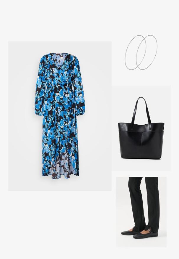 Pitkä mekko, jossa on kukkakuosi sinisen sävyissä mustalla taustalla. Valmistettu kevyestä kankaasta, jossa on V-mallinen kaula-aukko ja pitkät hihat.; Musta nahkakengät balettityylillä, kärjessä terävä muoto, hihna hopeasoljella, yhdistetty mustiin räätälöityihin housuihin, joissa on halkiohelma.; Musta nahkainen kassi, jossa on kaksi pitkää kahvaa, sileä pinta ja jämäkkä muoto. Sisältää etutaskun lisävarastointia varten.; Hopehope hopeilla, joissa on minimalistinen muotoilu. Pyöreä muoto, sileä pinta ja ohut profiili. Kevyet ja kiillotetut.