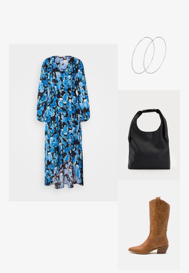 Dlouhá šaty s květinovým vzorem v odstínech modré na černém pozadí. Vyrobeny z lehkého materiálu s výstřihem do V a dlouhými rukávy.; Hnědé kožené kovbojské boty s špičatou špičkou, vyšívanými spirálovými vzory na štítech a s blokovým podpatkem. Obsahují poutko pro snadné obouvání.; Černá kůže hobo taška s jedním měkkým, zaobleným uchopem; má hladkou texturu a minimalistický design. Bez viditelného kovového doplňku nebo akcentů.; Stříbrné kruhové náušnice s minimalistickým designem. Kruh, hladký povrch a tenký profil. Lehká konstrukce s lesklým povrchem.