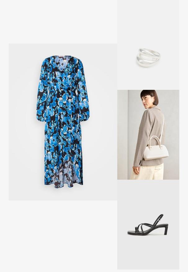 Lang kjole med blomstermønster i nyanser av blått på svart bakgrunn. Laget av lett materiale med V-hals og lange ermer.; Sorte sandaler med stropper, firkantet tå og lav blokk hæl. Har flere tynne stropper og en justerbar ankelstropp. Laget av glatt lær.; Hvit strukturert håndveske med korte håndtak og skulderreim, med detaljer i gullfinish og teksturert materiale, vist mot en grå bakgrunn.; Sølv ring med dobbelt bånd og en glatt, polert overflate. Har et flytende, buet design med overlappende seksjoner for et moderne utseende.