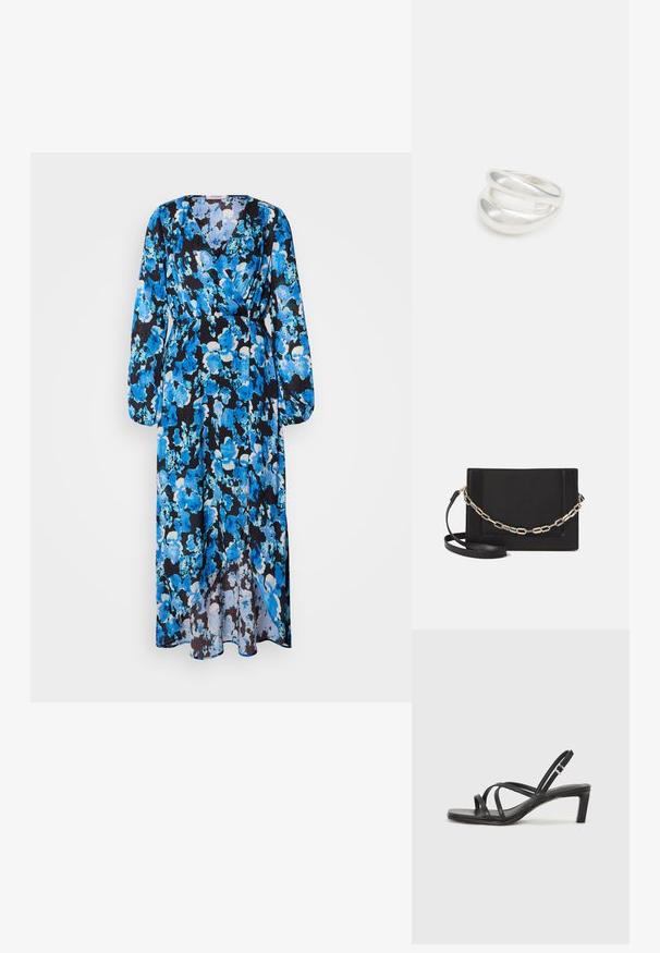 Duga haljina s cvjetnim uzorkom u nijansama plave boje na crnoj pozadini. Izrađena od lagane tkanine s V-izrezom i dugim rukavima.; Crne sandale s trakama, kvadratnim prstom i niskom blok petom. Ima više tankih trakica i podesivu trakicu oko gležnja. Izrađene su od glatke kože.; Crna kožna torba preko tijela s glatkom teksturom, pravokutnim oblikom i metalnim lancem na prednjoj strani. Uključena je podesiva naramenica.; Srebrna dvostruka prsten s glatkom, poliranom površinom. Karakterizira ga fluidan, zakrivljen dizajn s preklapajućim sekcijama za moderan izgled.