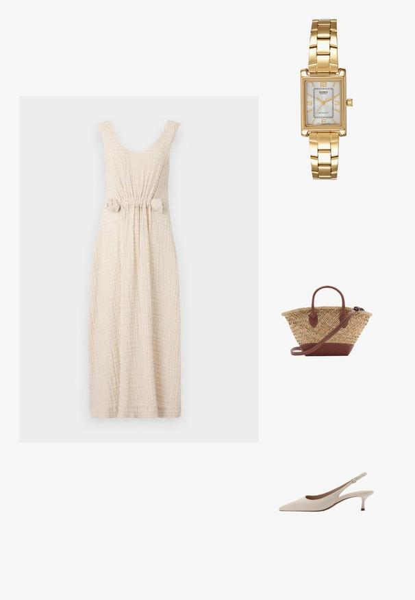 Bež obleka midi dolžine iz teksturiranega, gubanega blaga. Ima okroglo izreznico, široke naramnice in zavezane detajle na pasu.; Bež sandale s peto, ki se zavezuje za peto, z izostrenim nosom in nizko, razširjeno peto. Narejene iz gladke usnje z minimalisticnim dizajnom in prilagodljivo zanko.; Tkanina iz slame s kožnimi detajli v rjavi barvi, dva ročaja in snemljiv trak. Ukrojena oblika z trdnim dnom.; Zlato obarvana pravokotna ročna ura z belo številčnico, srebrnimi kazalci in trdno kovinsko zapestnico. Vključena je vodoodporna funkcija.
