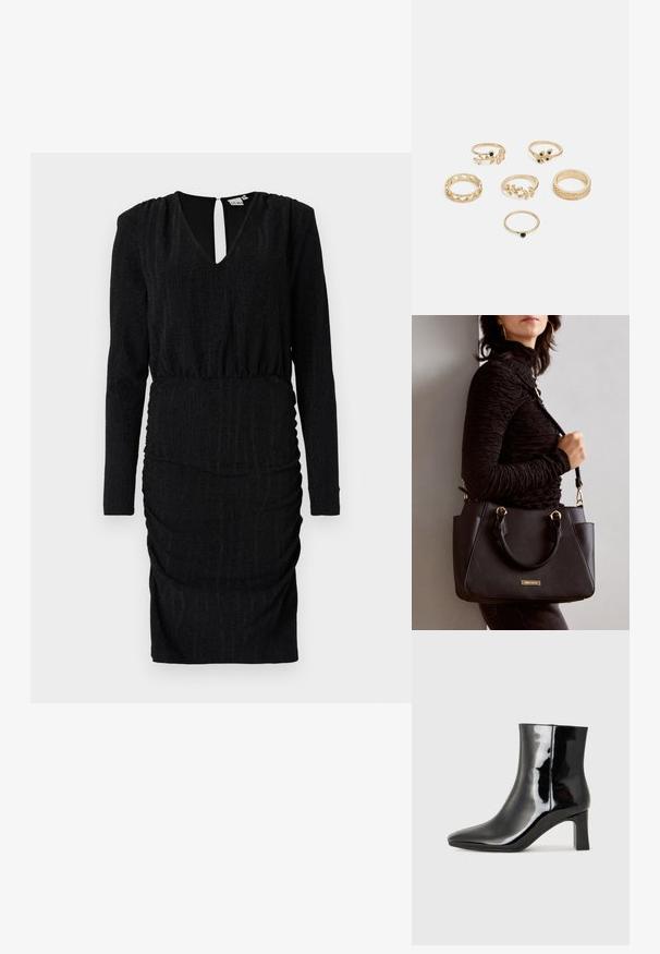 Juoda suknelė su V formos iškirpte, ilgomis rankovėmis, surinkta tekstūra ir prigludusia siluetu. Akcentuojama nugaros raktų skylutė ir elastinga medžiaga.; Juodos lakuotos odinės aulinukės su smailiu pirštu ir vidutinio aukščio blokuotu kulnu. Lygus paviršius ir minimalistinis dizainas.; Juodas rankinės maišelis su struktūrizuota paviršiumi, dvigubais viršutiniais rankenėlėmis ir reguliuojamu peties diržu. Įrengtas aukso spalvos furnitūra ir šoninės kišenės.; Šeši auksiniai žiedai su įvairiais dizainais: pinti, lapų motyvai ir monolitiniai žiedai; kai kurie su žalios spalvos brangakmenių akcentais.