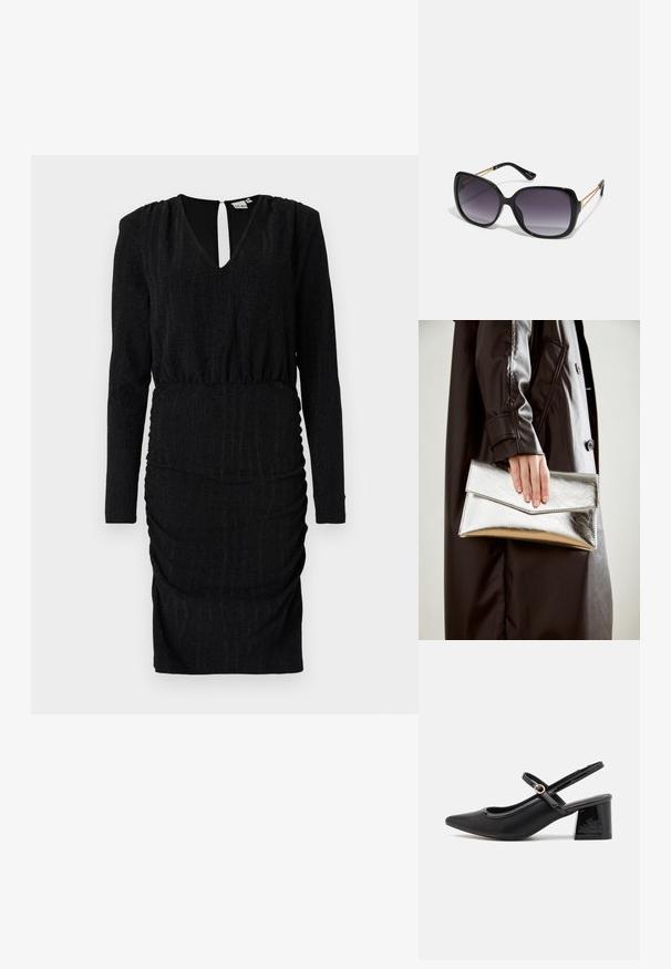 Svart kjole med V-hals, lange ermer, innsamlet tekstur og figursydd silhuett. Har en nøkkelhullåpning bak og stretchy stoff.; Sorte lakk lær slingback hæler med spiss tå, et avrundet utskjæringsdesign og blokkheel. Har en gulltone spenne som detalj.; Sorte oversized solbriller med gradient linser, tykke rammer og detaljering med gulltonekjede på tempelarmene.; Sølv metallisk clutch med et vinklet konvoluttdesign, glatt tekstur og kontrastfarge på innsiden, holdt i en hånd iført en svart kåpe.