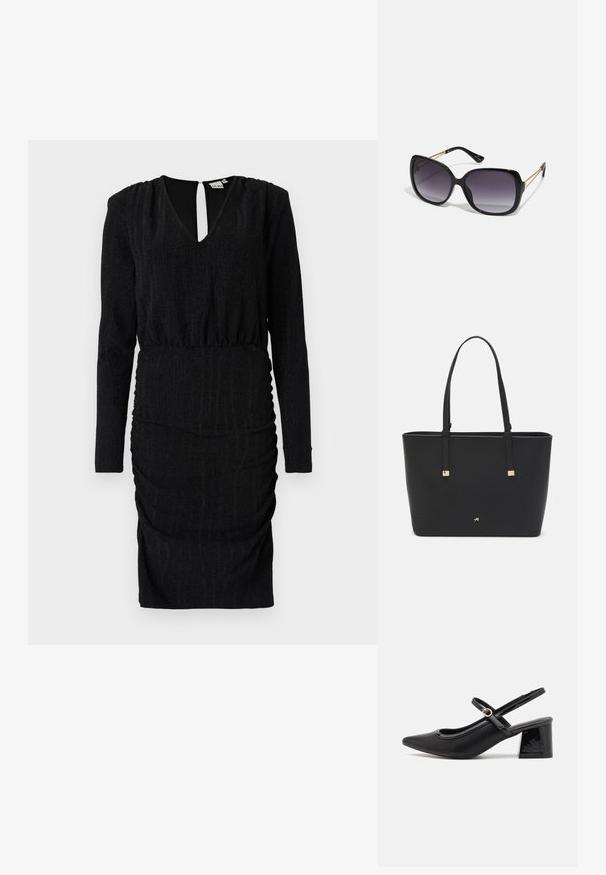 Crna haljina s V-izrezom, dugim rukavima, nabranom teksturom i prilagođenim siluetom. Ima otvor s ključalom na leđima i rastezljivi materijal.; Crne lakirane slingback visoke potpetice s šiljastim vrhom, zaobljenim izrezom i blok potpeticom. Sadrži akcent zlatnog tona s kopčom.; Crne prevelike sunčane naočale s gradijentnim lećama, debelim okvirom i zlatnim lancem kao detaljem na krakovima.; Crna torba od sintetičkog materijala, s jednostavnim pravokutnim dizajnom, zlatnim kvadratnim detaljima i dvostrukim ručkama.