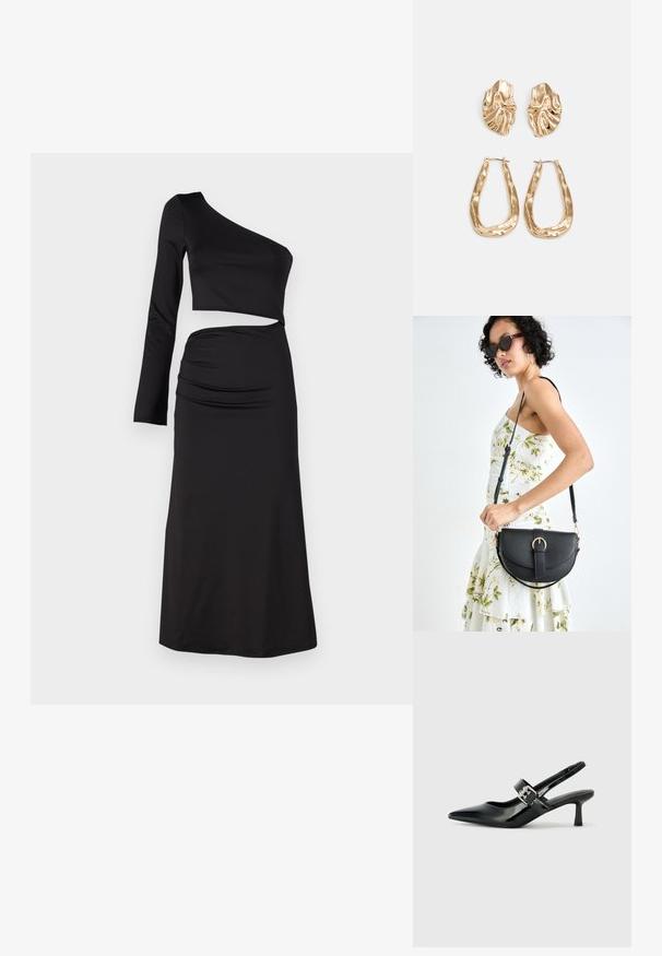 Vestido preto com um top cropped de uma só manga e manga longa, com detalhes drapeados na saia de cintura alta, feito de tecido suave.; Saltos slingback em verniz preto com bico pontiagudo e um pequeno salto bloco, apresentando um detalhe de fivela prateada na tira.; Bolsa de couro preta com forma curva, alça destacável e detalhes em dourado. A bolsa possui uma aba com detalhe de fivela.; Brincos em tom de ouro com formas onduladas e texturizadas. Inclui studs escultóricos com presilha e um design de argola aberta com um acabamento martelado.