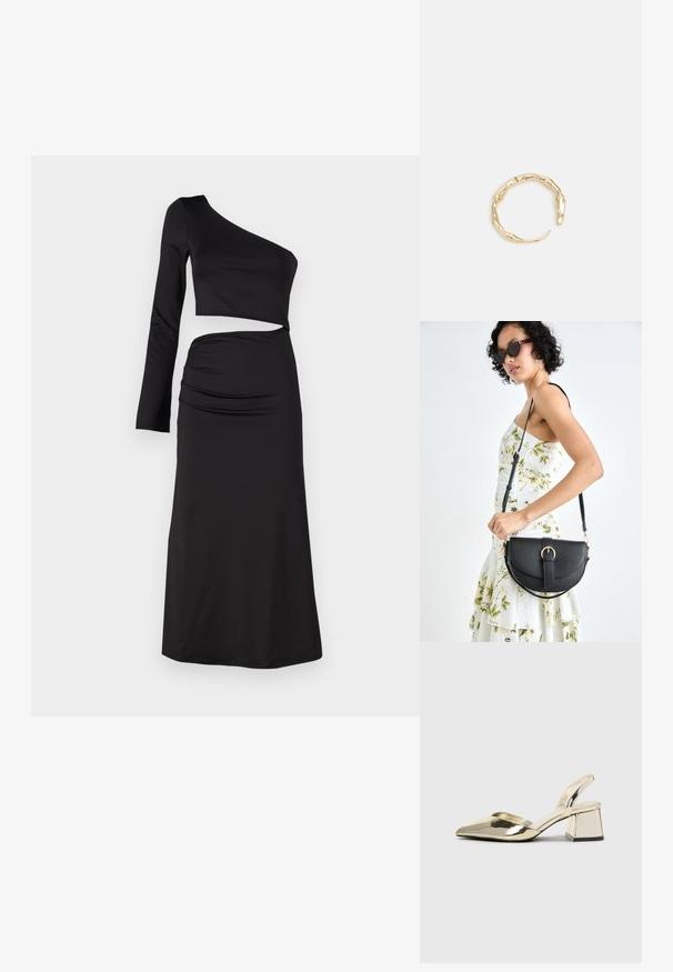 Čierne šaty s jedným ramienkom, s krátkym topom a dlhým rukávom, s prehnutým detailom na sukni s vysokým pásom, vyrobené z hladkej tkaniny.; Zlaté kovové lodičky na podpätku so špicatou špičkou a robustným podpätkom. Hladký povrch, minimalistický dizajn a úzka remienok.; Čierna kožená kabelka s zaobleným tvarom, odnímateľným popruhom a zlatými doplnkami. Kabelka má klopu s detailom s prackou.; Prsteň v zlatej farbe s organickým, skrúteným dizajnom, hladkým povrchom a zužujúcimi sa koncami, vytvárajúci moderný, sochársky vzhľad.