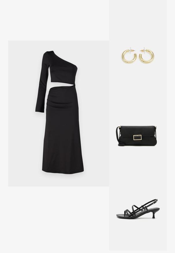 Melna kleita ar vienu plecu, īsu topu ar garo piedurknu, plūksnainām detaļām augsto vidukli uzsvērta svārku daļā, izgatavota no gludas auduma.; Melni papēžu sandales ar vairākiem krustveida siksnām. Gluda materiāla, norādīta purngala un šaura papēža. Regulējama potītes siksna ar sprādzīti.; Melnas ādas saķeres soma ar atloku un zelta metāla sprādzi. Ietver melnu siksnu un elegantu, minimālistisku dizainu.; Zelta auskari ar gludu, spīdīgu apdari. Apaļš dizains, kas ietver mazu tapu un caurspīdīgu pamatni drošai valkāšanai.