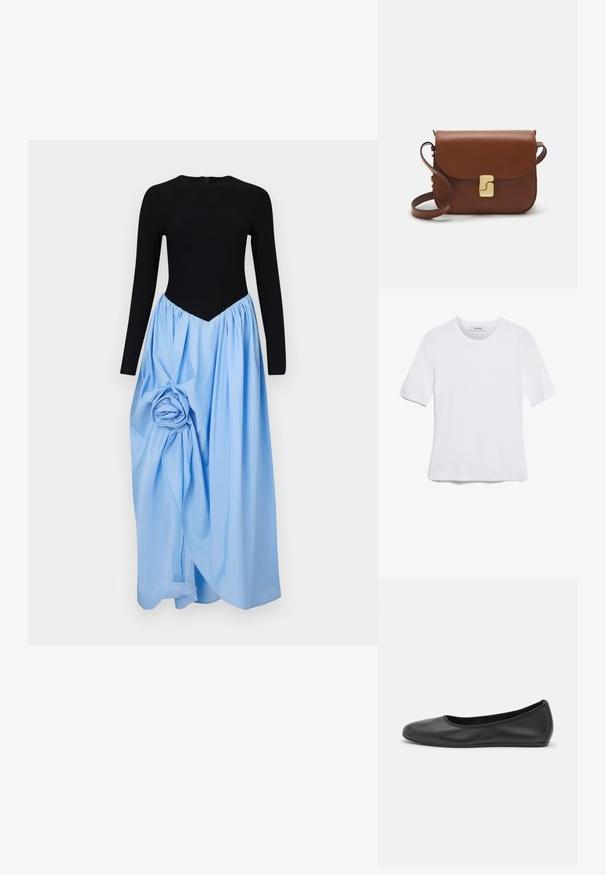 Sleeper Occasion wear - blue; White short-sleeve t-shirt made of ribbed fabric. Round neckline, regular fit, and subtle stitching details. No patterns or graphics.; Black leather ballet flat with a rounded toe, smooth texture, minimal stitching detail, and a flexible sole design.; Brown leather handbag with a flap closure, gold-tone hardware, a shoulder strap, and a smooth texture. Compact rectangular shape.