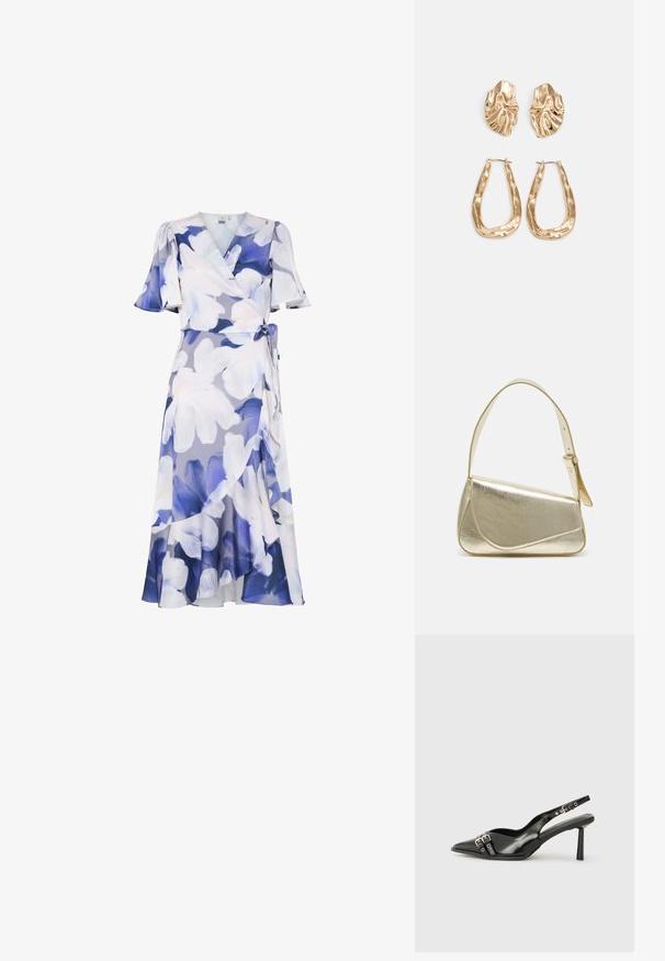 Květinové šaty s krátkými volánovými rukávy v odstínech světle fialové a modré. Mají pásek v pase a splývavou dolní část s vrstveným designem.; Černá lakovaná slingback obuv s špičatou špičkou, kotníkovými pásky s kovovými sponami a příslušenstvím, a štíhlým podpatkem.; Zlatá metalická kabelka se strukturovaným designem, hladkým povrchem a nastavitelným popruhem. Disponuje unikátním trojúhelníkovým tvarem a minimalistickým prošitím.; Náušnice ve zlatém tónu s texturovanými, vlnitými tvary. Obsahují sochařské klipy a design otevřeného kruhu s kladivkovým povrchem.