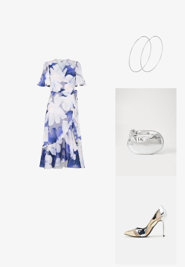 Cvetna obleka z ovitkom v svetlo vijoličnih in modrih odtenkih. Ima kratke naborke na rokavih, zavezovanje v pasu in tekoč rob s plastehnim dizajnom.; Čevlji z visoko peto in konico, v barvni kombinaciji srebrne, zlate in nude. Sijajna obdelava z izrezljanim dizajnom, z igličasto peto.; Srebrna kovinska torbica z mehko, zaobljeno obliko in zavezano zgornjo zaporo. Narejena iz gladkega umetnega usnja.; Srebrne uhane v obliki obroča z minimalističnim dizajnom. Krožna oblika, gladka tekstura in tanek profil. Lahki s poliranim zaključkom.