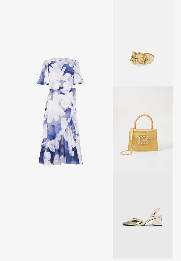 Gėlių rašto suknelė šviesiai violetinės ir mėlynos spalvų atspalvių. Ji turi trumpas raukšlėtas rankoves, saitą liemenyje ir plazdančią apatinę dalį su sluoksniuotu dizainu.; Auksiniai, metaliniai slingback aukštakulniai bateliai su smailiu pirštu ir masyviu kulnu. Lygus paviršius, minimalizmo dizainas ir siaura juostelė.; Geltonas dirbtinės krokodilo odos rankinukas su standžiu dizainu, viršutine rankena, nuimamu grandininiu dirželiu ir dekoratyviniu krištolo papuošimu ant užsegimo.; Aukso žiedas su tekstūruotu, banguotu dizainu, turintis tris iškilias viršūnes. Lygus, blizgus paviršius su atviromis juostelėmis, leidžiančiomis reguliuoti dydį.