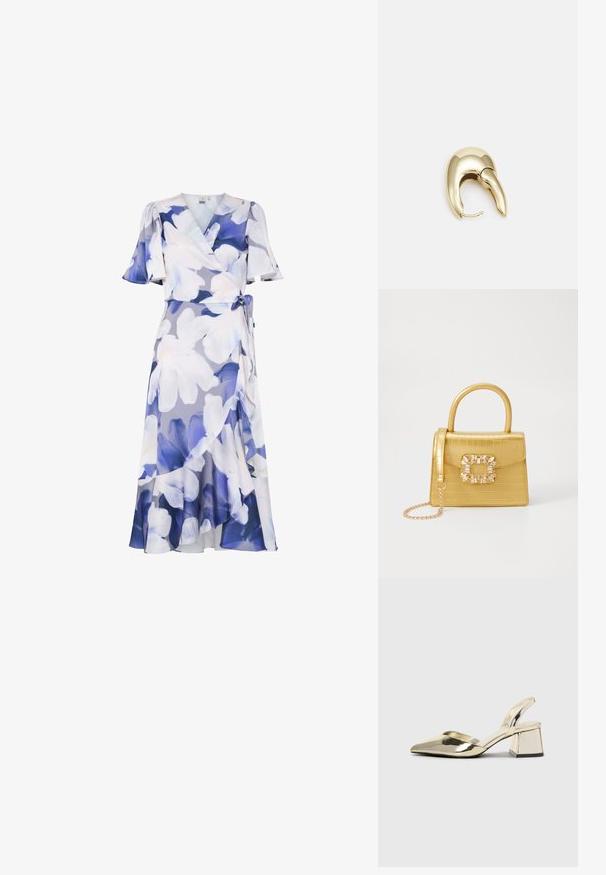 Kvetinové šaty s krátkymi volánovými rukávmi vo svetlofialových a modrých odtieňoch. Majú opasok v páse a splývavý lem s vrstveným dizajnom.; Zlaté kovové lodičky na podpätku so špicatou špičkou a robustným podpätkom. Hladký povrch, minimalistický dizajn a úzka remienok.; Žltá falošná krokodília kabelka so štruktúrovaným dizajnom, horným držadlom, odnímateľným reťazovým popruhom a dekoratívnym kryštálovým ozdobením na zapínaní.; Náušnice z kovu v zlatej farbe s elegantným, zakriveným dizajnom. Majú charakteristický špicatý tvar, leštený povrch a uzáver na pánt.