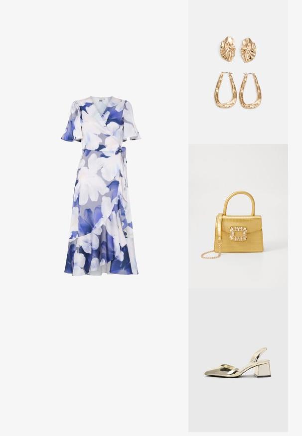Blomstrete omslagskjole i lys lilla og blånyanser. Har korte volangerm, et slips i midjen og en flytende hemline med lagdelt design.; Gull, metallisk slingback-hæler med spiss tå og chunky hæl. Glatt tekstur, minimalistisk design og en smal stropp.; Gul faux-krokodille veske med en strukturert design, toppen håndtak, avtagbar kjede stropp, og dekorativ krystallbortsettelse på låsen.; Gullfargede øredobber med teksturerte, bølgete former. Inkluderer skulpturelle klipsstuds og åpen hoop-design med en hamret finish.