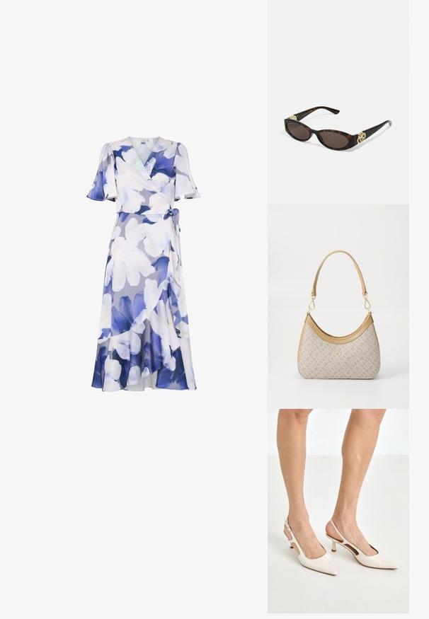 Blumenkleid in hellen lila und blauen Farbtönen. Mit kurzen, gerüschten Ärmeln, einem Bindeband in der Taille und einem fließenden Saum mit geschichtetem Design.; Beige Lackleder Slingback-Absätze mit spitzem Fuß und 5 cm Absatz, mit ausgeschnittenen Seiten und einem schmalen Knöchelriemen.; Schildpatt-Sonnenbrille mit länglich-ovalen Gläsern, braunem Farbton, goldenen Logo-Akzenten an den Bügeln und schlanken schwarzen Bügeln.; Beige gemusterte Handtasche mit geschwungener Form, Lederakzenten und einem goldfarbenen Logo auf der Vorderseite. Verfügt über einen kurzen Griff für einfaches Tragen.; Perlen- und Kristallhalskette mit einem runden, perlenbesetzten Design in sanften Farbtönen, das abwechselnd Perlen und funkelnde Akzente zeigt, um den Hals getragen.