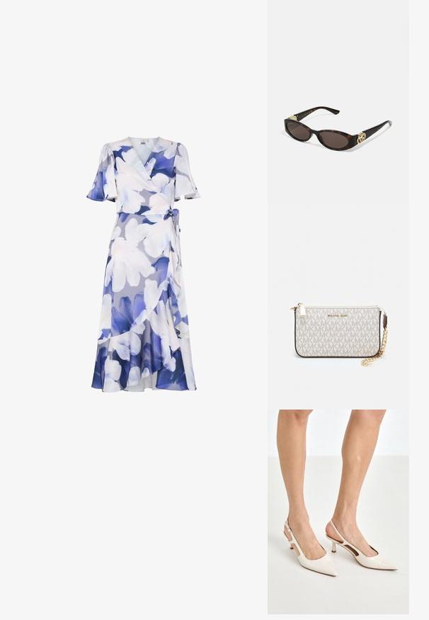 Bloemengedekte wikkeljurk in licht paarse en blauwe tinten. Beschikt over korte gerimpelde mouwen, een strik rond de taille en een vloeiende zoom met gelaagd ontwerp.; Beige gepatineerde leren slingback hakken met een spitze neus en een hak van 5 cm, met uitsparingen aan de zijkanten en een dunne enkelband.; Schildpadbril met langwerpige ovale lenzen, bruine tint, gouden logo-accenten op de pootjes en slanke zwarte armen.; Michael Kors polsbandje in beige gecoate canvas met een herhaald MK-logo patroon, gouden hardware en een afneembare kettingriem.