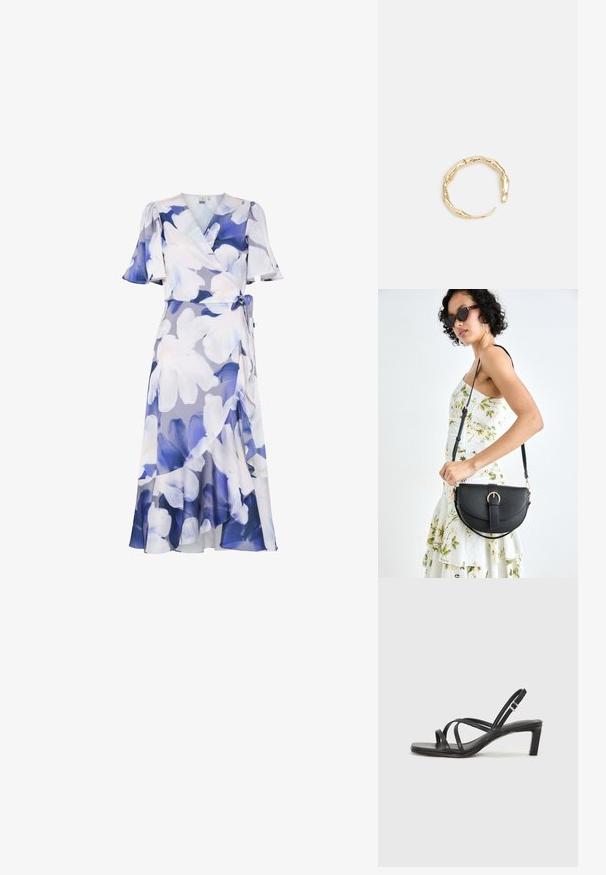 Lillelillelise kleit helesinine ja sinise varjundiga. Omab lühikesi volangvarrechte, seotavat taljet ja voolavat äärist kihilise disainiga.; Mustast rihmajalatsid ruudukujulise varba ja madala ploki kontsaga. Omab mitmeid õhukesi rihmasid ja reguleeritavat pahkluu rihma. Valmistatud siledast nahast.; Mustmust mustraha kõverate joontega, eemaldatava rihmaga ja kuldsete detailidega. Kotil on klapp, millel on pandladetail.; Kuldtoonis sõrmus, millel on orgaaniline, keerdunud disain sileda tekstuuri ja kitsenevate otstega, luues kaasaegse skulptuurilise välimuse.