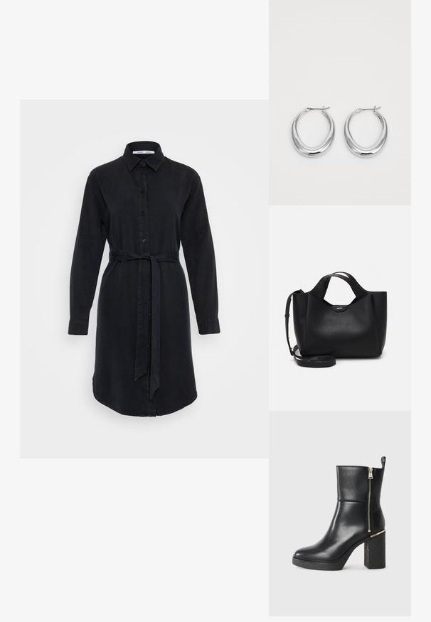 Fekete, hosszú ujjú ingruha, gombos elülső résszel, galléros nyakkal és szövet övvel a deréknál; ívelt vállvarrással rendelkezik.; Fekete bokacsizma sima bőrből, oldalsó cipzárral és textúrált tömbsarkúval. Kényelmes felhúzó kialakítás lekerekített orral.; Fekete bőrtáska texturált felülettel, szögletes formával, két füllel és állítható vállpánttal. DKNY logós díszítéssel rendelkezik.; Fényes ezüst félhold alakú karika fülbevaló pár, zsanéros kapoccsal, fehér háttéren.
