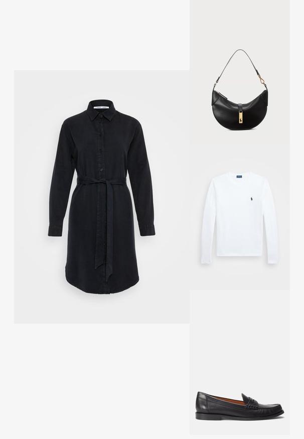 Abito camicia lungo nero con maniche lunghe, chiusura a bottoni, colletto e una cintura in tessuto in vita; presenta un orlo curvato.; Camicia bianca a maniche lunghe, in cotone, con scollatura rotonda, caratterizzata da un piccolo logo blu navy sul lato sinistro del petto. Design semplice, vestibilità regolare.; Polo Ralph Lauren CALFSKIN PENNY LOAFER - Scarpe senza lacci - black; Borsa a tracolla nera in pelle a forma di mezzaluna. Presenta un accento in metallo dorato e una tracolla sottile. Tessuto liscio, chiusura a cerniera nella parte superiore.