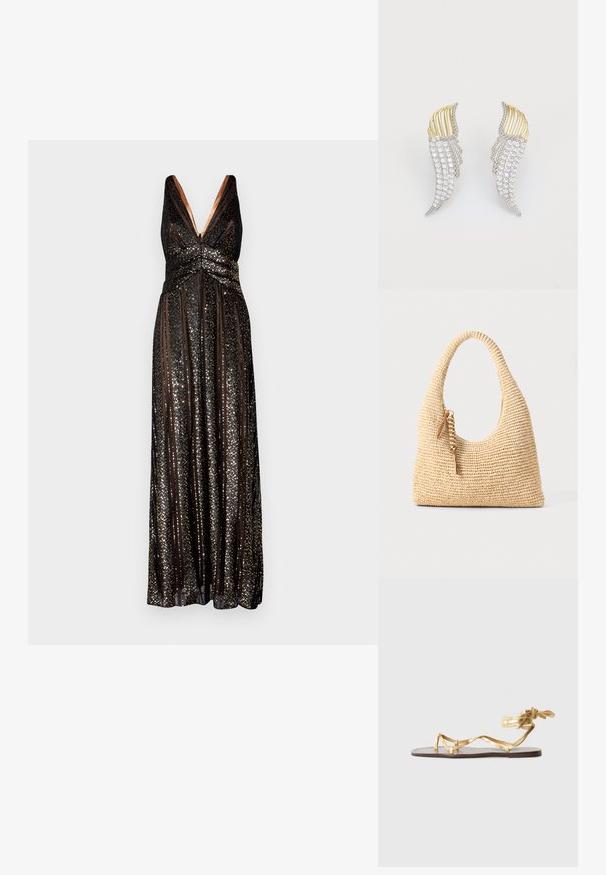 Halston ESRA STRIPED - Proginė apranga - black; Auksinės plokščios sandalai su plonomis metalinėmis dirželiais, rišamu akcentu ant kulkšnies ir rudai tekstūruotu pado.; Audimo šviesiai rudos spalvos rankinė su išlenkta rankena, tekstūruotu paviršiumi ir ruda kutu. Yra laisva, hobo forma.; Du vienodą formą auskarai, pagaminti iš sidabro spalvos metalo su skaidriais, apvalaus pjūvio cirkoniais ir auksinės spalvos metaliniais akcentais sluoksniuotame dizaino sprendime.