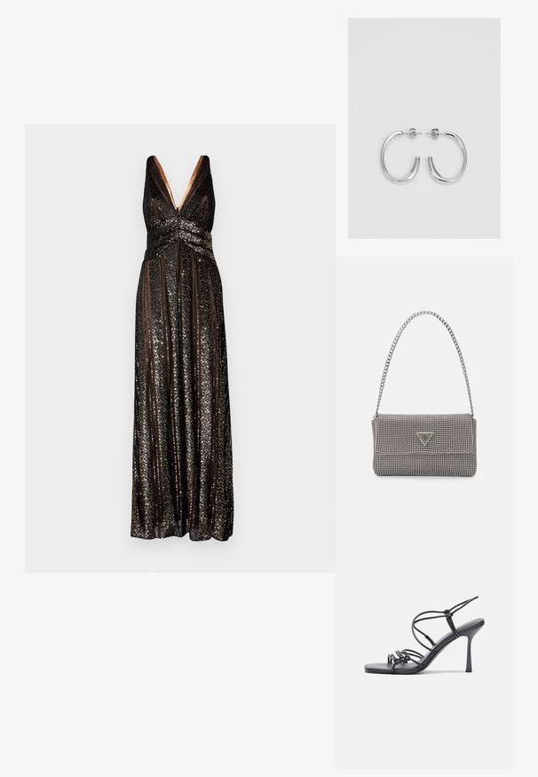 Halston ESRA STRIPED - Apģērbs svinīgiem gadījumiem - black; Melnas augstpapēžu sandales ar plāniem siksniņām un mezgla dizainu, gluda kvadrātveida purngalu un elegantu stiletto papēdi.; Gaiši pelēka metāla rokassoma ar ķēdes siksnu, rotāta ar mazām apaļām metāla kniedēm un trīsstūra zīmola logo.; Sudraba riņķveida auskari ar gludu, spīdīgu apdari. Apaļas formas, viegla dizaina, ar aizdari uz stieples.