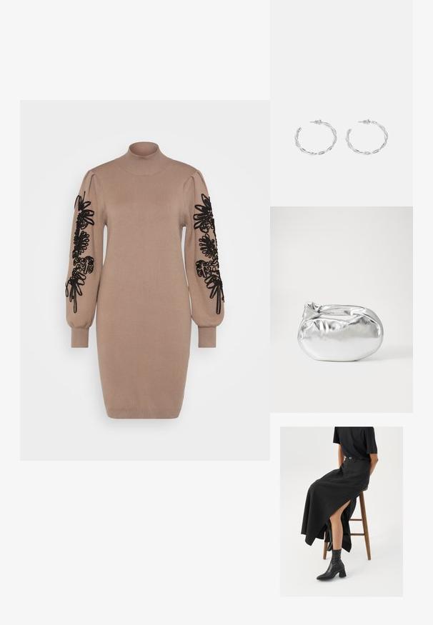 Robe en tricot beige à col montant. Les manches longues présentent une broderie florale noire. Coupe ajustée avec des poignets et un ourlet côtelés.; Jupe maxi en lin noir avec une fente haute, portée avec un t-shirt noir et des bottes de cheville noires. Design minimaliste avec une coupe décontractée.; Pochette en métal argenté avec une forme douce et arrondie et un fermoir en haut noué. Fabriquée en simili cuir lisse.; Boucles d'oreilles en argent en forme de créoles avec un design torsadé, dotées d'une finition polie et d'une fermeture à poussoir. Mesurent environ 3 cm de diamètre.