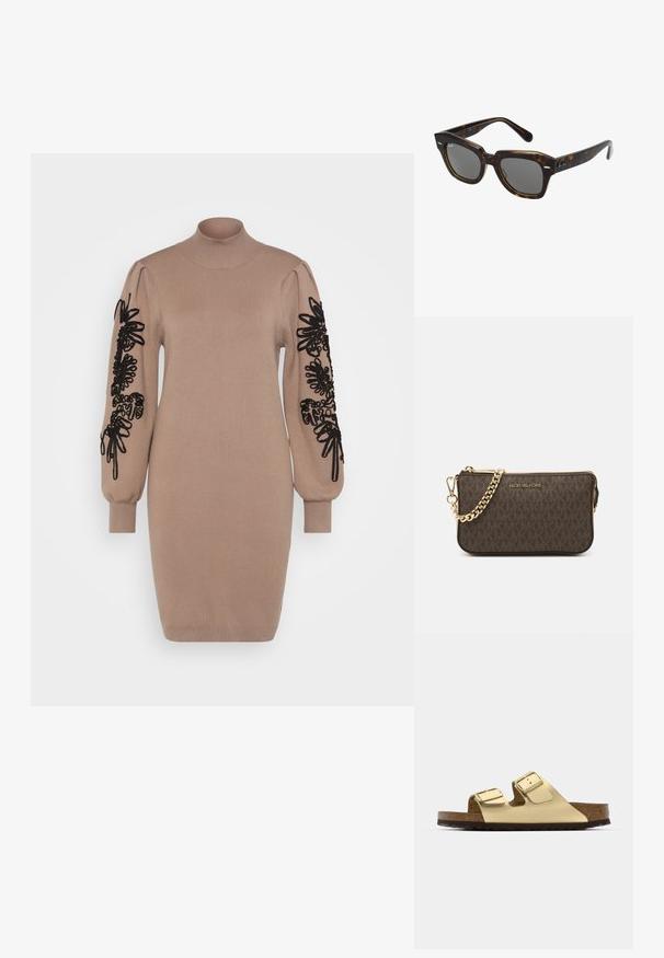 Bež kudumine kleit kõrge kaelusega. Pikad varrukad on musta lillekeeru tikandiga. Kitsas lõige ribaga mansettide ja allservaga.; Kuldne vegan nahast sandaalid kahe reguleeritava rihmaga, korgist sisetallaga ja tumeda kummipõhjaga. Sile tekstuur metallilise viimistlusega.; Ristkülikukujulised päikeseprillid, millel on kilpkonnamustriga plastraam, tumedad objektiivid ja hõbedased detailid külgedel. Valmistatud Itaalias.; Pruun naha rihmats, millel on logo muster, kuldne kett-riiul, tõmblukk ja kuldsetest detailidest aksessuaarid. Kompaktne ja ristkülikukujuline kuju.