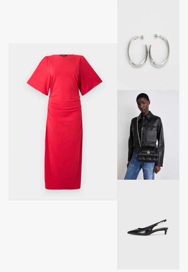Rød jersey midi kjole med korte brede ærmer, rund halsudskæring og samlet detalje i taljen, der har en glat, strækbar tekstur.; Sorte lærreim hæler med spiss tå, som har en slank hæl og en gullfarget detalj på den justerbare stroppen. Glatt tekstur.; Svart skinnjakke med knappelukking og to frontlommer, sammen med en svart kviltet håndveske med gullspenne og kjedehank.; Sølvøreringer med en jevn, buet design. Har en blank metallisk finish og en studlås. Ingen synlige mønstre eller aksenter.