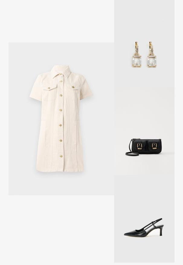 Kortärmad, ljusbeige klänning i denim, med knäppning framtill, två bröstfickor och detaljer i guldton.; Svart lackskin slingback-häl med spetsig tå, med texturerad ormskinnsprint, justerbar rem och en kort, texturerad blockklack.; Svart läderaxelväska med två framfickor, guldspännen, dragkedjestängning och en smal rem. Texturerad yta och kompakt rektangulär form.; Guldtonade örhängen med en rektangulär, klar kristall som hänger under en rad av små, runda klara accenter. Snygg, modern design.