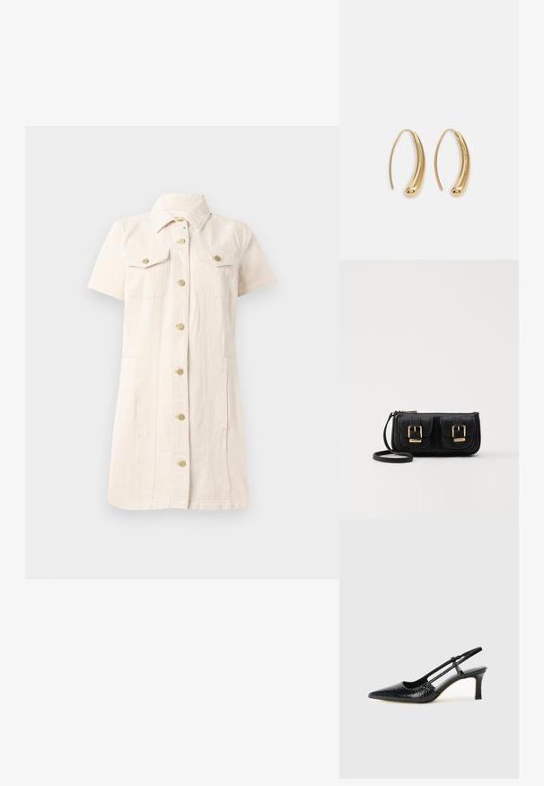 Kortærmet, lys beige kjole i denim, med knaplukning foran, to brystlommer og guldfarvede hardware-detaljer.; Sorte patent slingback hæl med spids tå, prydet med tekstureret slangeskindsmønster, justerbar rem og en kort, tekstureret blokhæl.; Sort læder crossbody taske med to frontlommer, guldspænder, lynlåslukning og en slank rem. Struktureret overflade og kompakt rektangulær form.; Guldfarvede metal hoops øreringe med en bøjet, forlænget form. Har en glat, skinnende overflade og en afrundet spids for ekstra detalje.