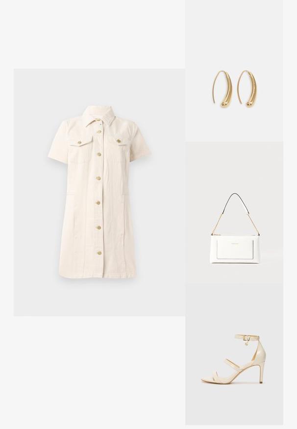 Kortærmet, lys beige kjole i denim, med knaplukning foran, to brystlommer og guldfarvede hardware-detaljer.; Beige høje hæle sandaler med tynd ankelrem og to øvre remme. Glanset lakfinish og guld hardware detalje på ankelremmen.; Hvid lædertaske med tekstureret overflade, med en guldkædetras og sorte detaljer. Indeholder en frontlomme og lynlås lukning.; Guldfarvede metal hoops øreringe med en bøjet, forlænget form. Har en glat, skinnende overflade og en afrundet spids for ekstra detalje.