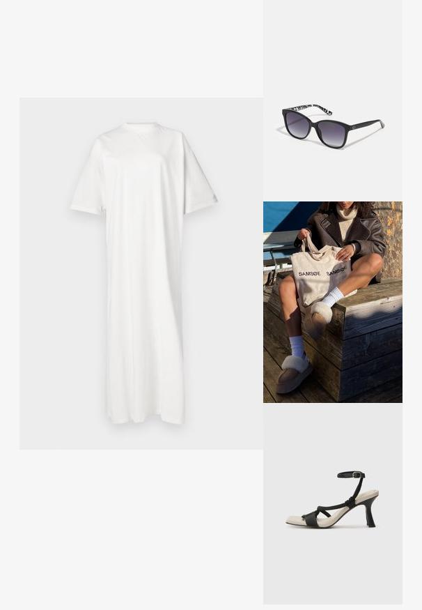 Hvit, midilengde kjole laget av myk bomull med rund hals og korte ermer; har en avslappet passform og en rett silhuett.; Sorte helårs sandaler med flettet stroppesdesign, firkantet tå og justerbar ankelrem. Lys beige fotseng med glanset svart hæl.; Sorte solbriller med gradientlinser, firkantet form og en strukturert svart-hvitt mønstrede stang. Har en sølvfarget logoaksent.; Beige tote bag med "SAMSOE" trykt to ganger, brune tøfler med hvit pelskant, hvite sokker og en brun lammeskinnsjakke på en treflate.