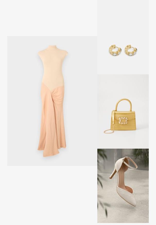 Bež pletena haljina s visokim izrezom. Prilagođeno tijelo prelazi u lepršavu tkaninu s naboranim detaljem s jedne strane. Glatka tekstura u cijelosti.; Bijela visoka potpetica u glatkom materijalu s oštrim vrhom i remenom oko gležnja. Ima svijetlosmeđi unutrašnjost i akcentu u zlatnoj boji.; Žuta torbica od umjetnog krokodila sa strukturiranim dizajnom, gornjom ručkom, odvojivim lančićem i dekorativnim kristalnim ukrasom na kopči.; Zlatne okrugle naušnice s teksturiranim dizajnom i tri prozirne kristalne akcenta s jedne strane, nudeći modernu geometrijsku estetiku.