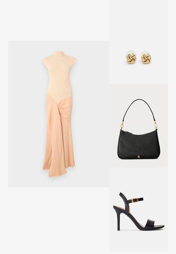 Smėlio spalvos megzta suknelė su aukštu iškirpimu. Prigludusi kūno dalis pereina į laisvai krentančią medžiagą, turinčią susiejamą detalę vienoje pusėje. Pagrindinė tekstūra yra lygi visame perimetre.; Juodos aukštakulnės sandalai, turintys lygaus odos paviršiaus, atvirą pirštą ir vienos juostos dizainą su auksiniu užsegimu.; Juodas odinis rankinukas su struktūrizuotu dizainu, turintis užtrauktuko užsegimą, nuimamą dirželį ir auksinius aksesuarus.; Aukso spalvos mazgo auskarai su sukimo dizainu. Kiekvienas auskaras turi apvalų skaidrų pagrindą, užtikrinantį saugų dėvėjimą.