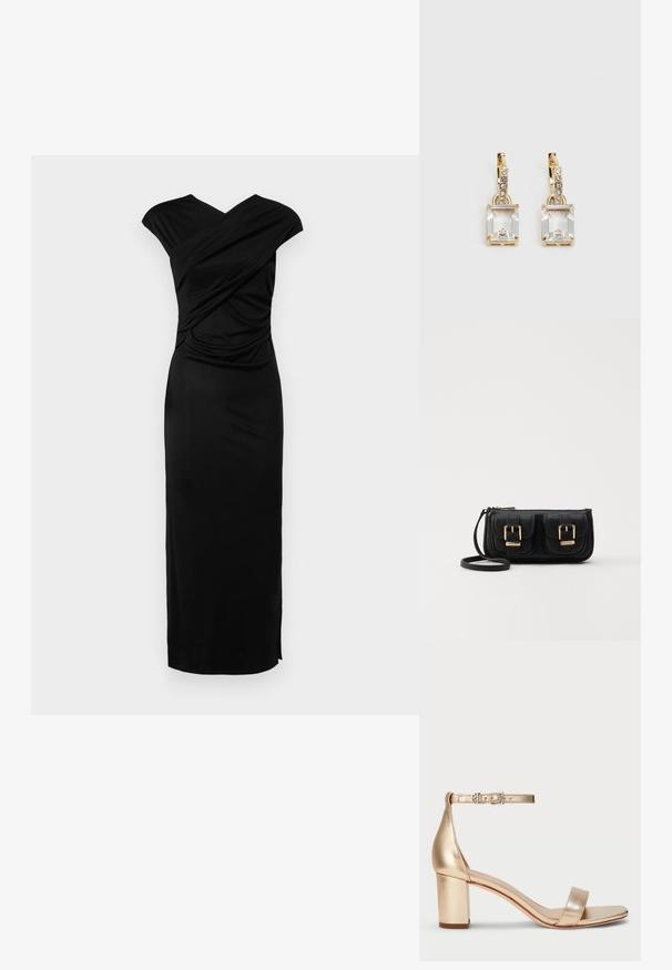 Robe noire en jersey avec un design croisé au niveau du décolleté, des manches courtes, une silhouette cintrée et une fente sur le côté pour faciliter les mouvements.; Lauren Ralph Lauren LOGAN METALLIC NAPPA LEATHER SANDAL - Sandales - platinum; Sac en cuir noir porté en travers avec deux poches avant, boucles dorées, fermeture zippée et une sangle fine. Surface texturée et forme rectangulaire compacte.; Boucles d'oreilles en or lumineux avec un cristal rectangulaire transparent pendent sous une rangée de petits accents ronds transparents. Design élégant et moderne.