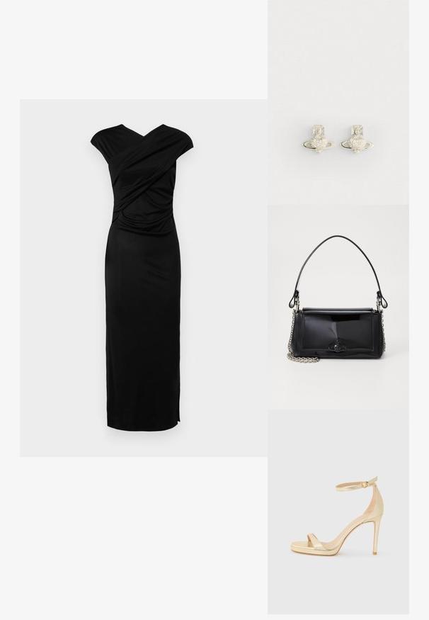 Čierne šaty s krátkym rukávom a prekrytím na dekolte, s priliehavým strihom a bočným rozparkom pre väčšiu voľnosť pohybu.; Zlaté metalické sandále na vysokom opätku s otvorenou špičkou, remienkom okolo členka so sponou a platformou pre väčšiu výšku. Hladký povrch.; Čierna laková kožená kabelka s obdĺžnikovým tvarom, reťazovým popruhom a výrazným hardvérovým prvkom v strede. Hladká textúra.; Strieborné náušnice srdcového tvaru so zvončekom okolo, zdobené malými priehľadnými kamienkami a detailným krížikovým akcentom.