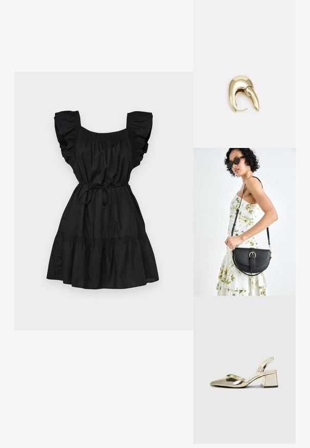 Must mustriga kleit volangvarrukatega, smockitud rinnaosaga ja stringiga vöökoht. Omab kihilist seelikut ja pehmet puuvillast tekstuuri.; Kuldne, metallilised slingback-kudumid terava varba ja paksu kontsaga. Sile tekstuur, minimalistlik disain ja kitsas rihm.; Mustmust mustraha kõverate joontega, eemaldatava rihmaga ja kuldsete detailidega. Kotil on klapp, millel on pandladetail.; Kuldtooni metallist kõrvarõngas, millel on elegantne ja kaarjas disain. Omab silmapaistvat teravat kuju, poleeritud pinda ja hingesulgemist.